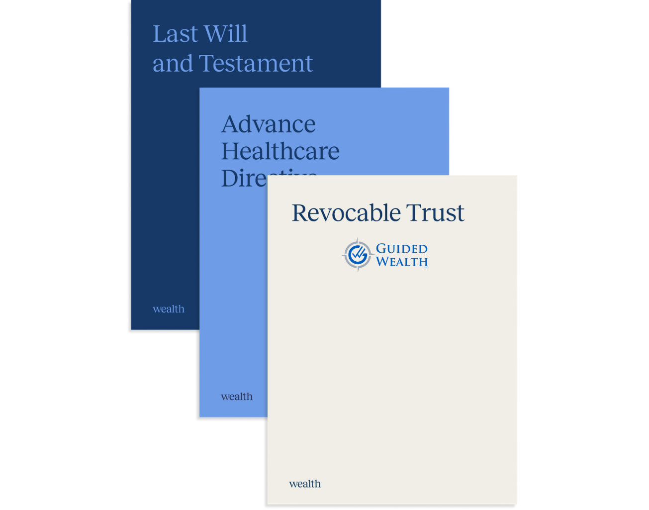 Estate planning documents including last will and testament, advance healthcare directive, and revocable trust