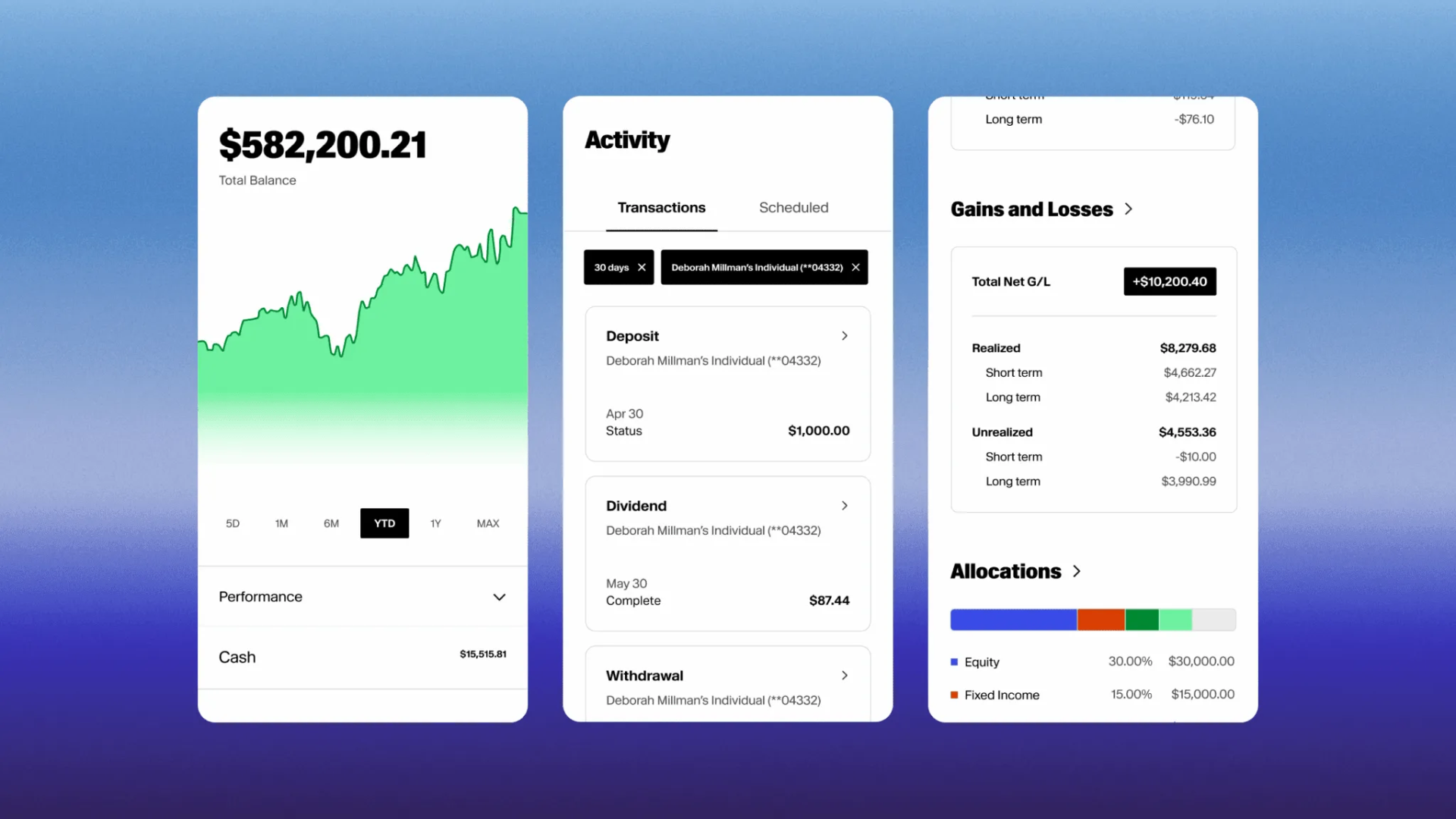 Sample portfolio dashboard showing balance, activity, and allocations